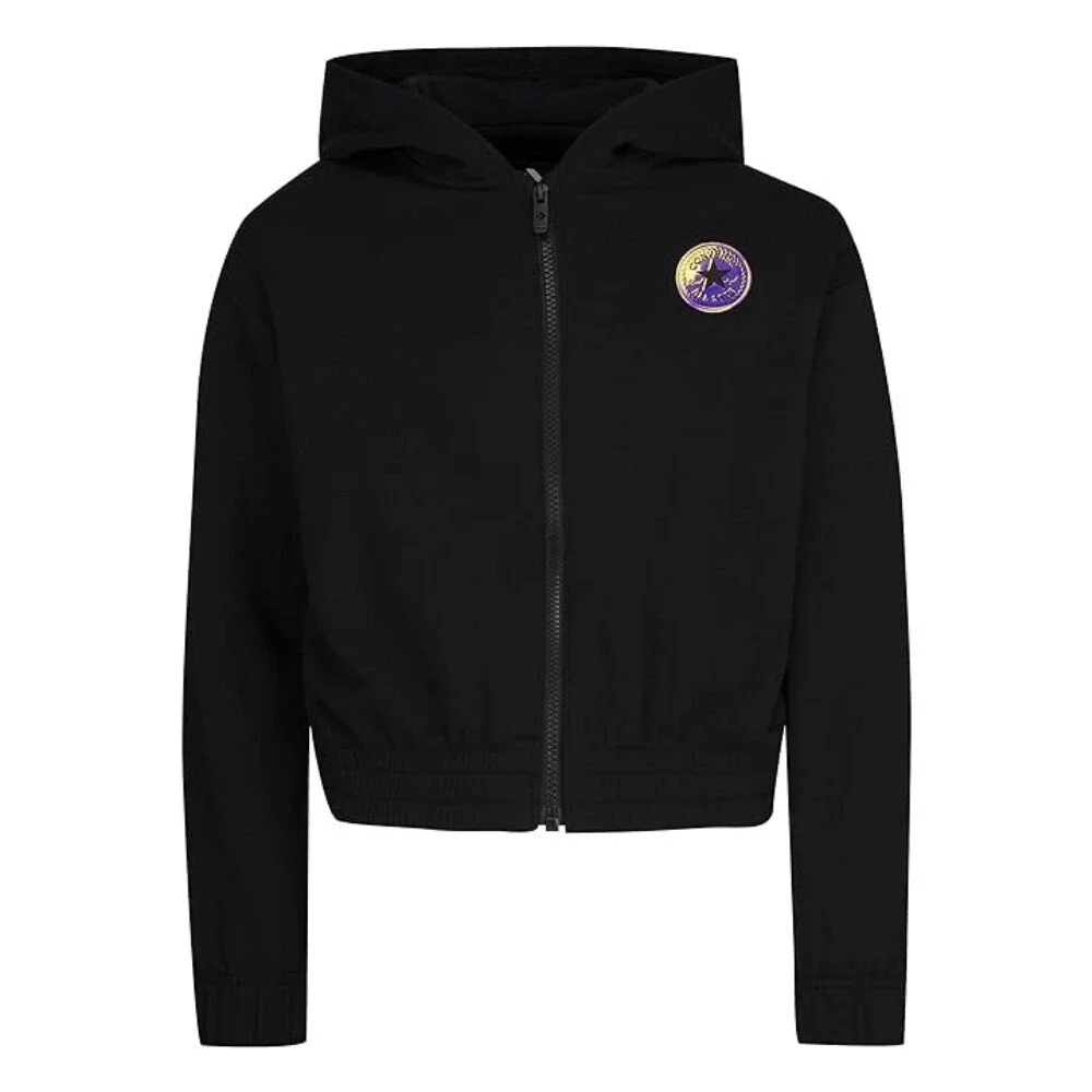 Converse Hoodie Girls Medium Black Stretch Drop Shoulder Full Zip Cropped RED574